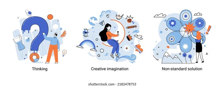 Pensamiento creativo. Personas con diferentes tipos de mentalidad mental o modelos creativos. Pensamiento lógico y estructural imaginativo. Metáfora de persona MBTI. Solución no estándar. Pensamiento cerebral que la gente resuelve la idea