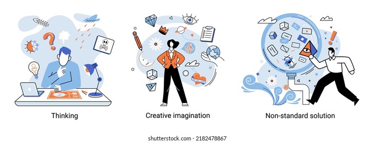 Creative thinking. People with different mental mindset types or model creative. Imaginative logical and structural thinking. MBTI person metaphor. Non standart solution. Brain think people solve idea
