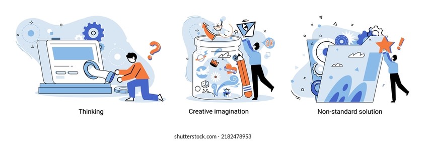 Pensamiento creativo. Personas con diferentes tipos de mentalidad mental o modelos creativos. Pensamiento lógico y estructural imaginativo. Metáfora de persona MBTI. Solución no estándar. Pensamiento cerebral que la gente resuelve la idea