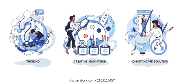 Creative thinking. People with different mental mindset types or model creative. Imaginative logical and structural thinking. MBTI person metaphor. Non standart solution. Brain think people solve idea