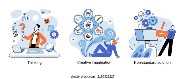 Creative thinking. People with different mental mindset types or model creative. Imaginative logical and structural thinking. MBTI person metaphor. Non standart solution. Brain think people solve