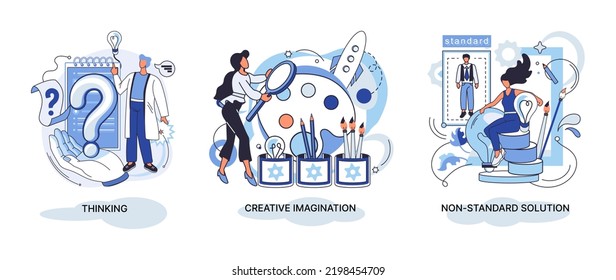 Creative thinking. People with different mental mindset types or model creative. Imaginative logical and structural thinking. MBTI person metaphor. Non standart solution. Brain think people solve idea