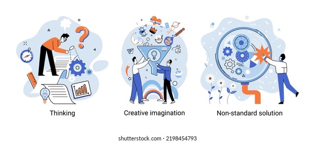 Creative thinking. People with different mental mindset types or model creative. Imaginative logical and structural thinking. MBTI person metaphor. Non standart solution. Brain think people solve idea