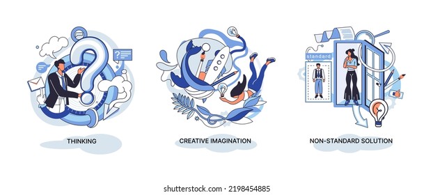 Creative thinking. People with different mental mindset types or model creative. Imaginative logical and structural thinking. MBTI person metaphor. Non standart solution. Brain think people solve idea