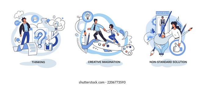 Creative thinking. People with different mental mindset types or model creative. Imaginative logical and structural thinking. MBTI person metaphor. Non standart solution. Brain think people solve idea