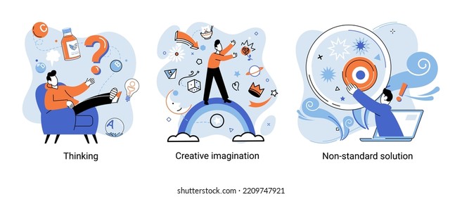 Creative thinking. People with different mental mindset types or model creative. Imaginative logical and structural thinking. MBTI person metaphor. Non standart solution. Brain think people solve idea