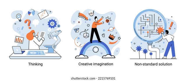 Creative thinking. People with different mental mindset types or model creative. Imaginative logical and structural thinking. MBTI person metaphor. Non standart solution. Brain think people solve idea