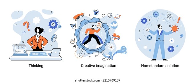 Creative thinking. People with different mental mindset types or model creative. Imaginative logical and structural thinking. MBTI person metaphor. Non standart solution. Brain think people solve idea