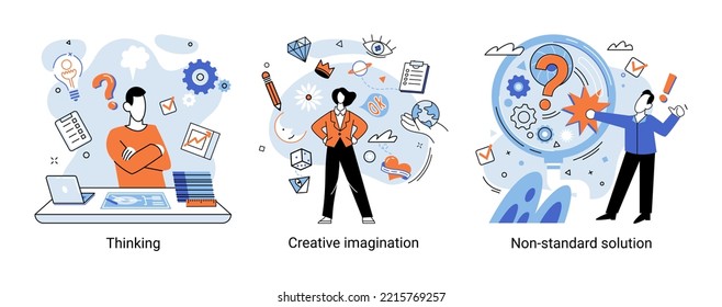 Creative thinking. People with different mental mindset types or model creative. Imaginative logical and structural thinking. MBTI person metaphor. Non standart solution. Brain think people solve idea