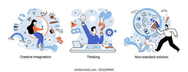 Creative thinking. People with different mental mindset types or model creative. Imaginative logical and structural thinking. MBTI person metaphor. Non standart solution. Brain think people solve idea