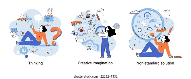 Creative thinking. People with different mental mindset types or model creative. Imaginative logical and structural thinking. MBTI person metaphor. Non standart solution. Brain think people solve idea
