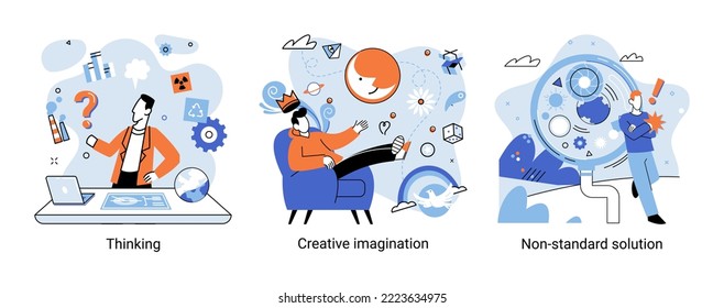 Creative thinking. People with different mental mindset types or model creative. Imaginative logical and structural thinking. MBTI person metaphor. Non standart solution. Brain think people solve idea