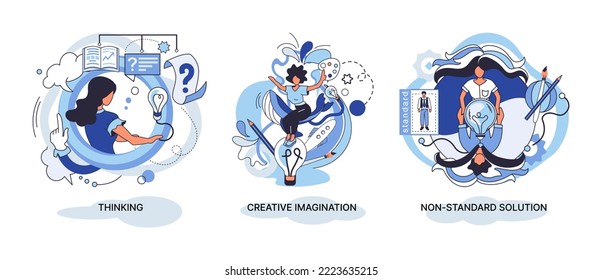 Creative thinking. People with different mental mindset types or model creative. Imaginative logical and structural thinking. MBTI person metaphor. Non standart solution. Brain think people solve idea