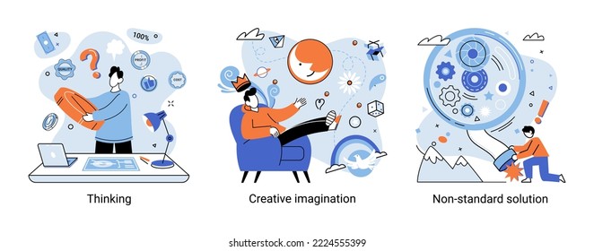 Pensamiento creativo. Personas con diferentes tipos de mentalidad mental o modelos creativos. Pensamiento lógico y estructural imaginativo. Metáfora de persona MBTI. Solución no estándar. Pensamiento cerebral que la gente resuelve la idea