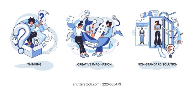 Creative thinking. People with different mental mindset types or model creative. Imaginative logical and structural thinking. MBTI person metaphor. Non standart solution. Brain think people solve idea