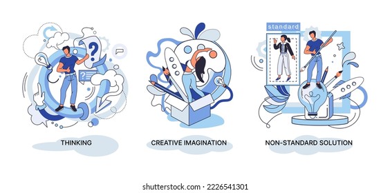 Creative thinking. People with different mental mindset types or model creative. Imaginative logical and structural thinking. MBTI person metaphor. Non standart solution. Brain think people solve idea