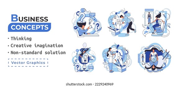 Creative thinking. People with different mental mindset types or model creative. Imaginative logical and structural thinking. MBTI person metaphor. Non standart solution. Brain think people solve idea
