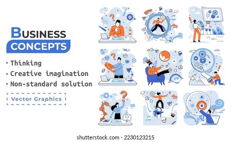 Creative thinking. People with different mental mindset types or model creative. Imaginative logical and structural thinking. MBTI person metaphor. Non standart solution. Brain think people solve idea