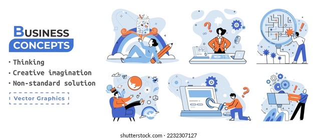 Creative thinking. People with different mental mindset types or model creative. Imaginative logical and structural thinking. MBTI person metaphor. Non standart solution. Brain think people solve idea