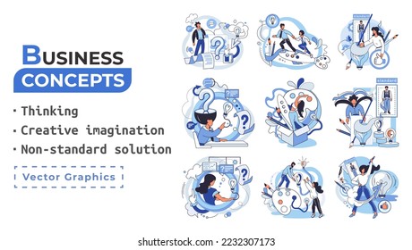 Creative thinking. People with different mental mindset types or model creative. Imaginative logical and structural thinking. MBTI person metaphor. Non standart solution. Brain think people solve idea