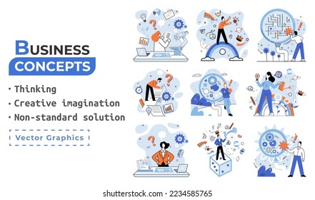 Creative thinking. People with different mental mindset types or model creative. Imaginative logical and structural thinking. MBTI person metaphor. Non standart solution. Brain think people solve idea
