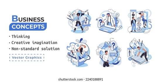 Creative thinking. People with different mental mindset types or model creative. Imaginative logical and structural thinking. MBTI person metaphor. Non standart solution. Brain think people solve idea