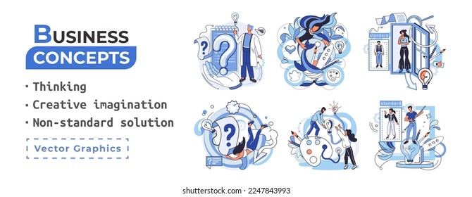 Creative thinking. People with different mental mindset types or model creative. Imaginative logical and structural thinking. MBTI person metaphor. Non standart solution. Brain think people solve idea