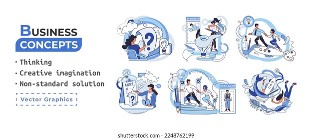 Creative thinking. People with different mental mindset types or model creative. Imaginative logical and structural thinking. MBTI person metaphor. Non standart solution. Brain think people solve idea