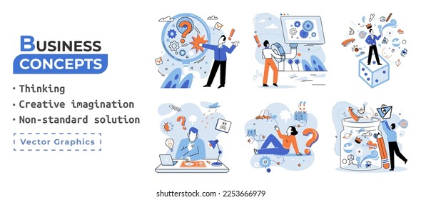 Creative thinking. People with different mental mindset types or model creative. Imaginative logical and structural thinking. MBTI person metaphor. Non standart solution. Brain think people solve idea