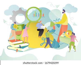 El pensamiento creativo trabaja en conjunto, concepto de brainstorming idea de equipo, ilustración vectorial. Proyecto de inicio de negocios, pequeñas personas sosteniendo una enorme bombilla. Caricaturas de trabajo en equipo, idea de negocios