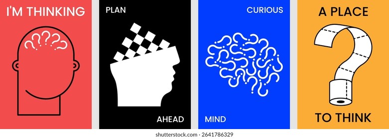 Creative thinking poster set with abstract brain graphics and conceptual illustrations.