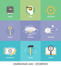 Creative thinking process and study activities, learning new skills and ideas, explore and discovery new things, planning and creating innovation projects. Flat design icons set modern vector concept.