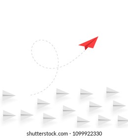 Creative thinking. Red paper airplane move different way. Creative business concept. Unique idea. Innovation and success. Vector illustration