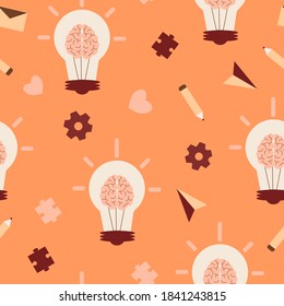 Creative thinking seamless pattern. Bright orange light bulb with brain brown puzzle pieces gears and yellow pencil art of imagination and process of fashion expression vector thought
