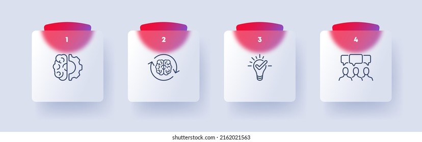 Creative thinking set icon. Brain, gear, idea, lamp, pump your brain, team building, team work. Management concept. Glassmorphism style. Vector line icon for Business and Advertising