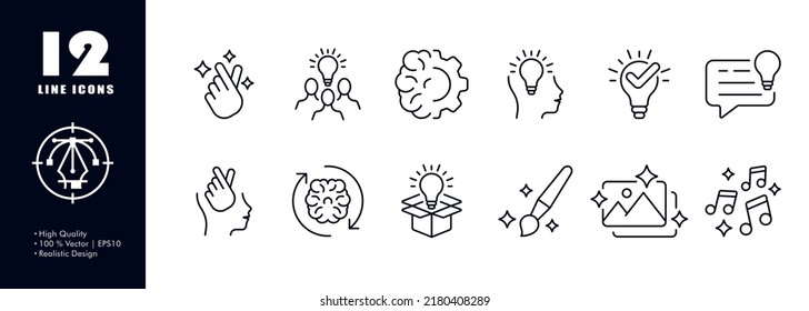 Creative thinking set icon. Snap of fingers, light bulb, brain, mind, gear, head, check mark, speech bubble, circle arrows, paint brush, photo, music. Occupation concept. Vector line icon for Business