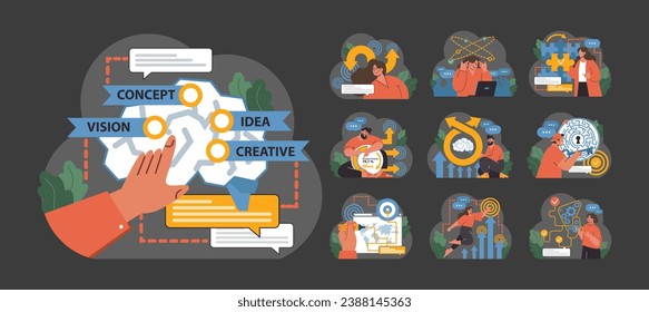 Creative Thinking set. Nurturing unique ideas, brainstorming sessions, and strategic planning. People interacting with charts, engaging with technology, and problem solving. Flat vector illustration