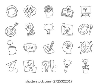 Creative thinking set in outline line art showing problem solving learning inspiration planning analysis through symbols for education and cognition visuals communication growth knowledge