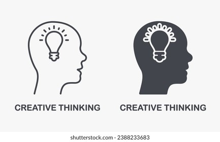 Creative Thinking Silhouette and Line Icon Set. Lightbulb in Human Head Pictogram. Innovation Science Idea Symbol Collection. Intellectual Process, Smart Mind. Isolated Vector Illustration.