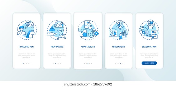Creative thinking skills onboarding mobile app page screen with concepts. Risk taking people walkthrough 5 steps graphic instructions. UI vector template with RGB color illustrations
