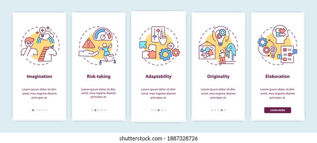 Creative thinking skills onboarding mobile app page screen with concepts. People imagination walkthrough 5 steps graphic instructions. UI vector template with RGB color illustrations