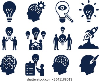 
Creative Thinking  Solution Icons  Black Silhouette Light Bulb Concepts