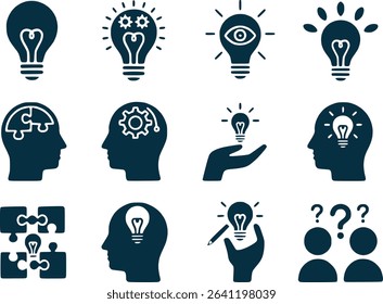 
Creative Thinking  Solution Icons  Black Silhouette Light Bulb Concepts