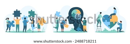 Creative thinking, success cooperation in problem solving set. Tiny people holding puzzle pieces, connect jigsaw parts in heart shape and in combination inside human head cartoon vector illustration