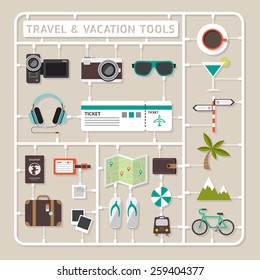 Creative thinking vector flat design model kits for travel and vacation tools.