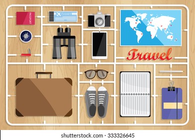 Creative thinking vector flat design model kits for travel and vacation tools.