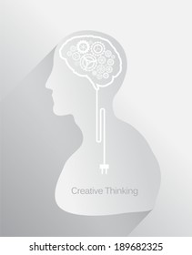 Creative thinking vector with head and gear brain in grey and white