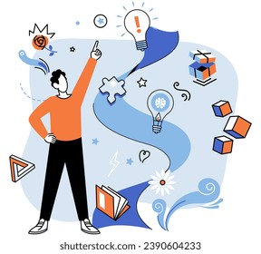 Creative thinking. Vector illustration. Discovery is sweet reward determined minds, driven by curiosity and motivated by thirst for knowledge Intelligence, like brilliant star in night sky