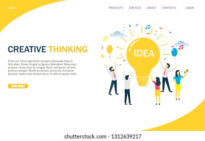 Creative thinking vector website template, web page and landing page design for website and mobile site development. Happy business people around lightbulb their great idea. Creative minds concept.