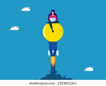 Creative thinking. woman working on lightbulb rocket soaring in the sky 